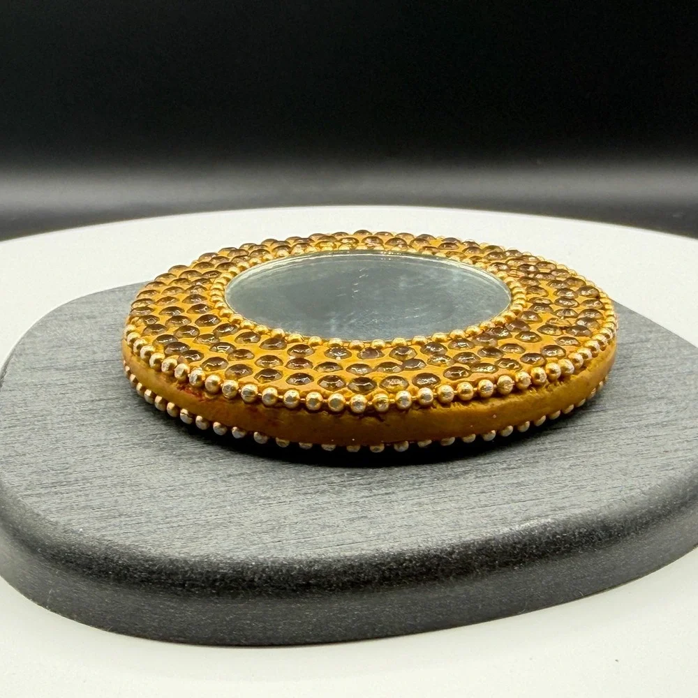 Gold & Amber Tone Rhinestone Round Pocket Purse Mirror Beaded Boho Vanity Decor